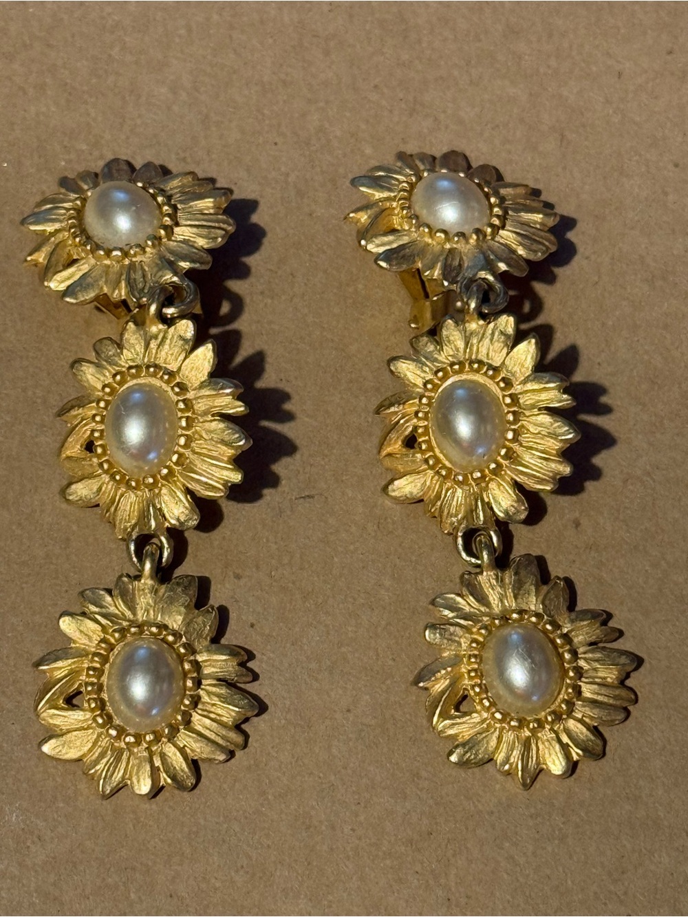 Vintage Gold Sunflower Pearl Drop Earrings - Unbranded